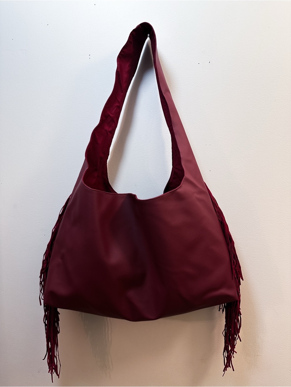 Handmade Burgundy Deep Red Faux Leather Fringe Side Medium Size Tote Hobo Bag